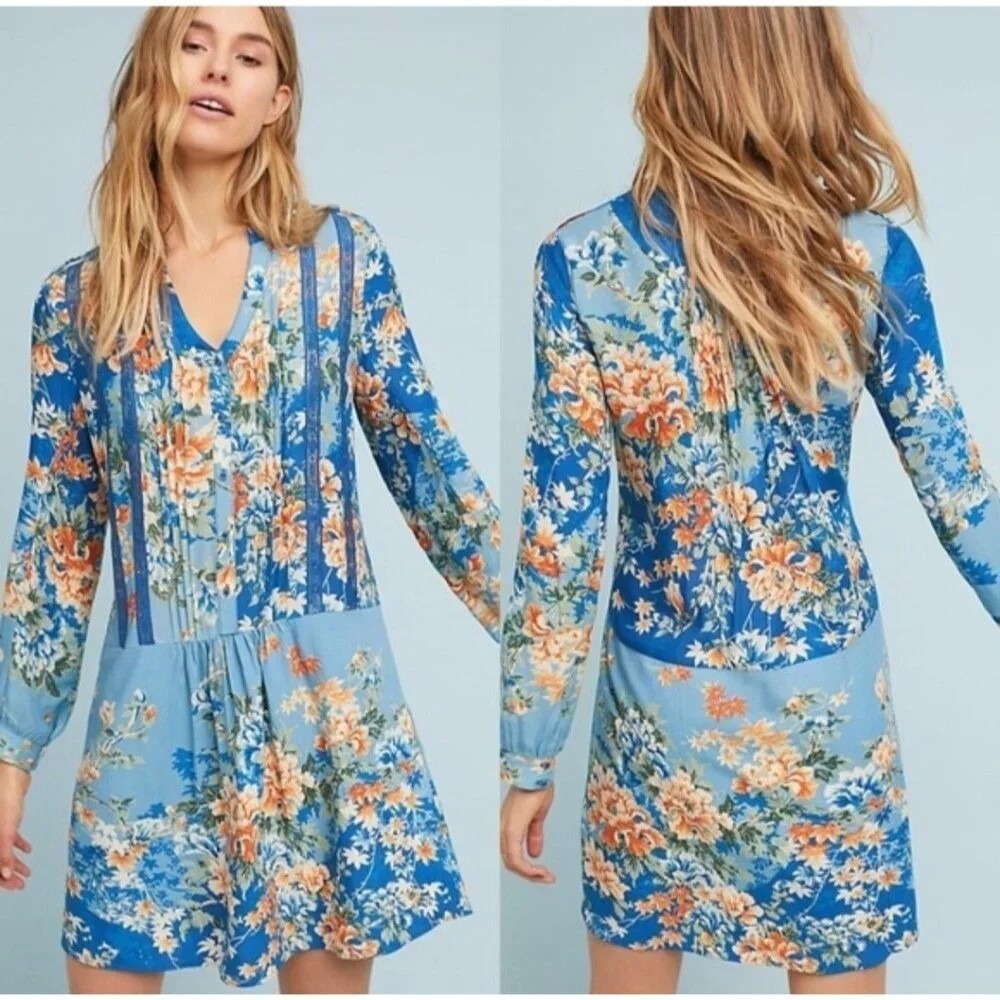 Anthropologie Tiny Gaina Blue Long Sleeve Dress